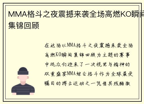 MMA格斗之夜震撼来袭全场高燃KO瞬间集锦回顾