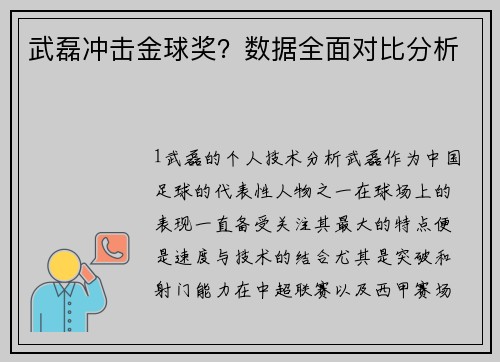 武磊冲击金球奖？数据全面对比分析